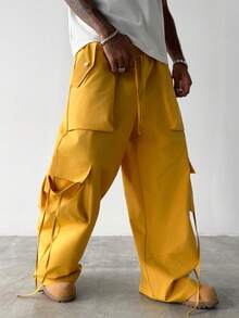 PAVTROS Men's Solid Color Drawstring Waist Cargo Pocket Wide Leg Casual Pants - Yellow - View 8