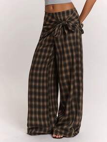 SHEIN BAE Women's Daily Wear Versatile Brown Checkered Plaid Scarf-Style Loose Wide Leg Long Pants/Work Going Out Long Pants/Outdoor/Airport/Vintage Autumn - Brown - View 5