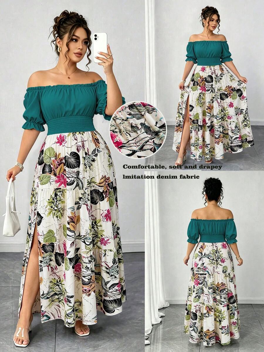SHEIN Elenzya Đầm dài xẻ tà 2 trong 1 cho nữ size lớn, màu xanh trơn phối hoa in, tay phồng, trễ vai, eo nhún, phong cách thanh lịch, nhẹ nhàng, casual, phù hợp đi biển, du lịch và đi club mùa xuân/hè - Màu xanh ngọc - Xem 1