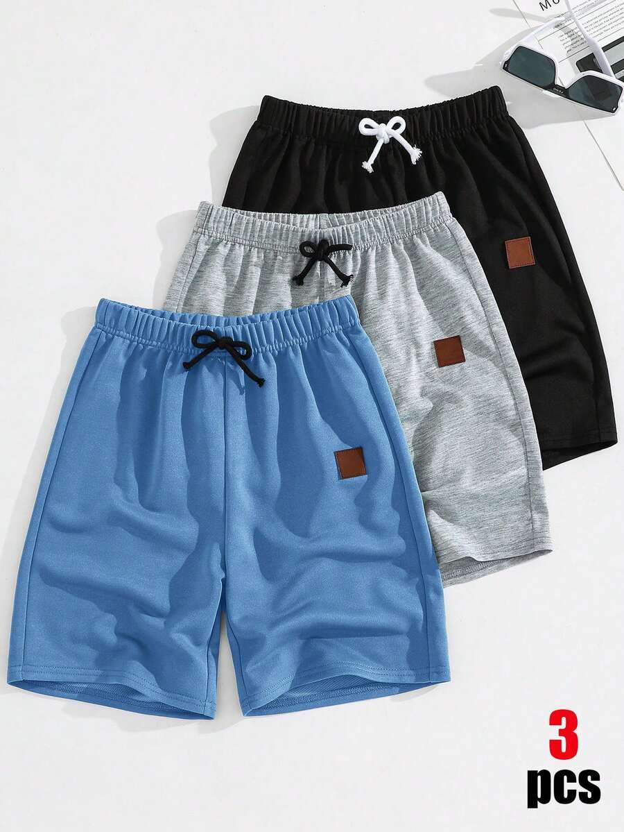 SHEIN 買2送1,3件組兒童青少年男孩休閒軟綿衛衣布料運動短褲套裝,麻灰色黑色藍色短褲,夏季上衣短褲男孩套裝 - 彩色 - 查看 1
