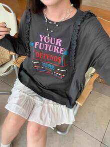Dazy Plus Colorful Letter Print Patchwork Frill Trim Loose Long Sleeve Casual T-Shirt For Girls, Spring Summer Plus Size Autumn Graphic Tees Cute Tops Oversized - Dark Grey - View 2