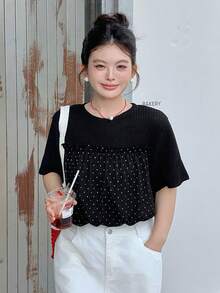 Dazy Plus 純色拼接波點寬鬆短袖休閒學院風可愛黑色春夏T恤 - 黑色 - 查看 6