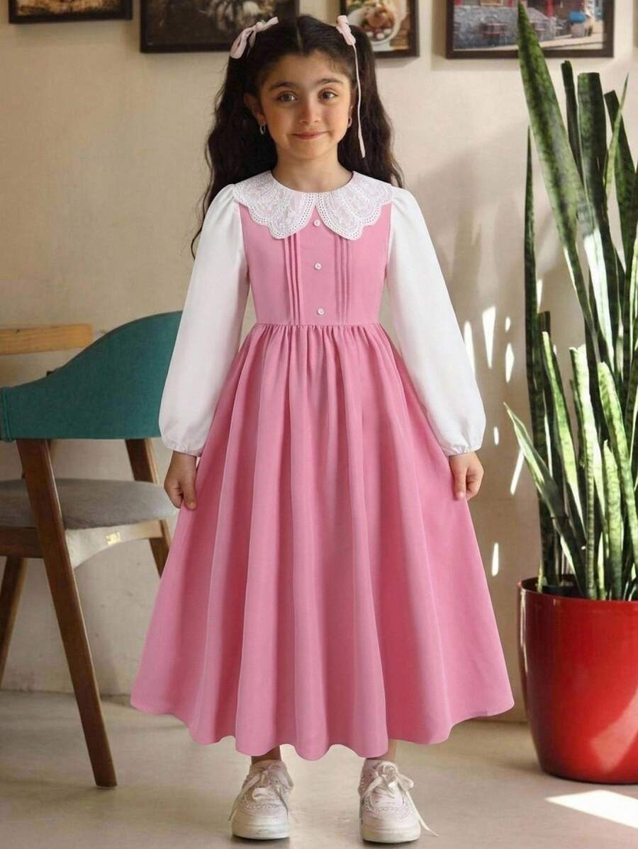 Tween Girl Tween Girl Colorblock Peter Pan Collar Long Sleeve Button Design Elegant Dress - Pink - View 1