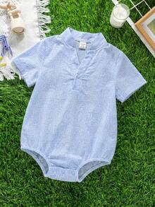 SHEIN Baby Boy Baby Girl Casual Daily Small Stand Collar Button-Up Romper Suitable For Spring And Summer Outings - Blue - View 5
