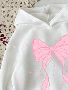 SHEIN 女童春夏秋冬休閒時尚創意個性清新極簡可愛卡哇伊卡通粉色蝴蝶結與愛心圖案印花休閒風基礎圓領長袖衛衣，舒適日常穿著保暖春夏秋冬風格，適合春夏秋冬女童活潑氛圍上衣 - 彩色 - 查看 4