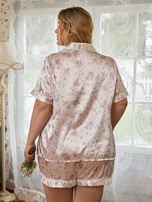 CottageSlumber Plus Size Faux Silk Pajama Set With Fresh Ditsy Floral, Lace Trim Lapel Collar Loungewear (2-Piece Set) - Multicolor - View 3