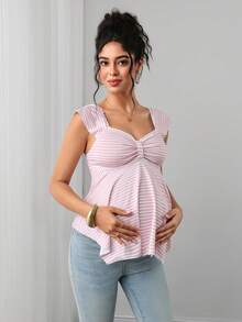 Momance Maternity Top With Ruffle Short Sleeves, Lace Collar, Sweetheart Neckline, Bow Detail, A-Line Hem, Single Layer White Design Baby Shower Casual - Pink - View 3