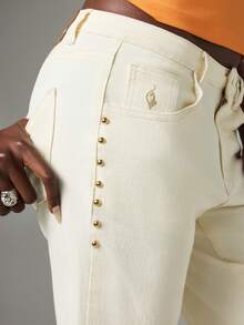 BABYPHAT Bootcut Stretch Jeans With Stud Detailing, Embroidered Cat Logo, Low Rise Flare Leg Denim - Beige - View 6