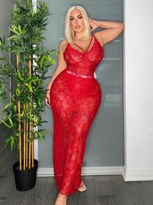 SHEIN SXY 大尺碼女裝時尚純色蕾絲連身衣 - 紅色 - 查看 4