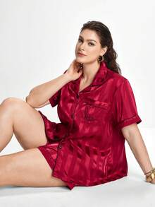 Slumbrini Plus Size Striped Jacquard Faux Silk Red Elegant Heart & Word Embroidered Short Sleeve Top & Shorts Robe Sleepwear Set Halloween Lingerie,Red - Red - View 8