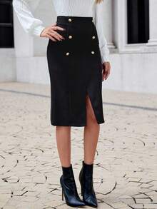 SHEIN Cottnline High Waist Fake Button Split Thigh Skirt - Black - View 4