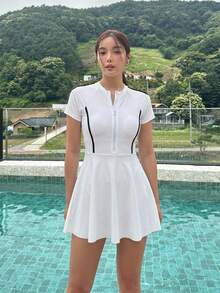 DAZY 女款拼色短袖連身泳裝洋裝，適合海灘度假、泳池派對、海灘派對夏季穿著 - 白色 - 查看 3