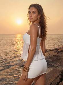 Swim Chiccia White Chic Elegant Sheer Off The Shoulder Sleeveless Ruched Mini Dress For Women,Summer Party Night Birthday Basic Streetwear Cami Dresses - White - View 2