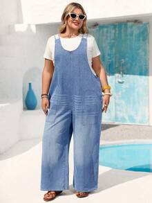 Vivid Eden Plus Size Women's Pocket Design Wide Leg Casual Baggy Denim Overalls Formal Vacation Going Out Blue Summer - Medium Wash - View 4