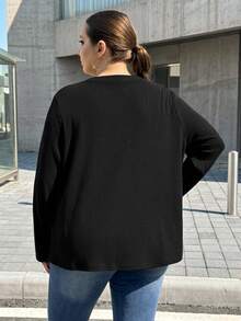 SHEIN CURVE+ 大尺碼休閒優雅傳統素色羅紋鈕扣T恤，2026冬季 22W - 黑色 - 查看 2