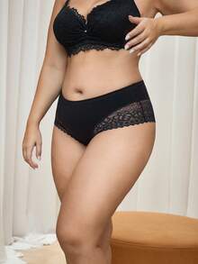 Bralution Plus Size Black Plain Contrast Lace High Waisted Panties With Medium Stretch Fabric For Women - Black - View 4