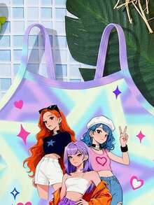SHEIN 女婴时尚亮色闪光星星卡通印花泳衣，韩流卡通女孩图案，女婴休闲简约吊带连体泳衣，适合夏季海岛、海滩、度假 - 彩色 - 查看 3