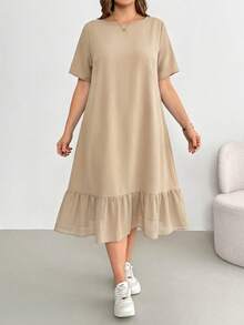 Shapeblank Plus-Size Women's Spring/Summer Fashion Casual Loose Comfortable Everyday Basic Versatile Slimming Black Short-Sleeved Chiffon Patchwork Mid-Length Dress,Summer Outfits,Pocket Dress,Simple Style - Apricot - View 5