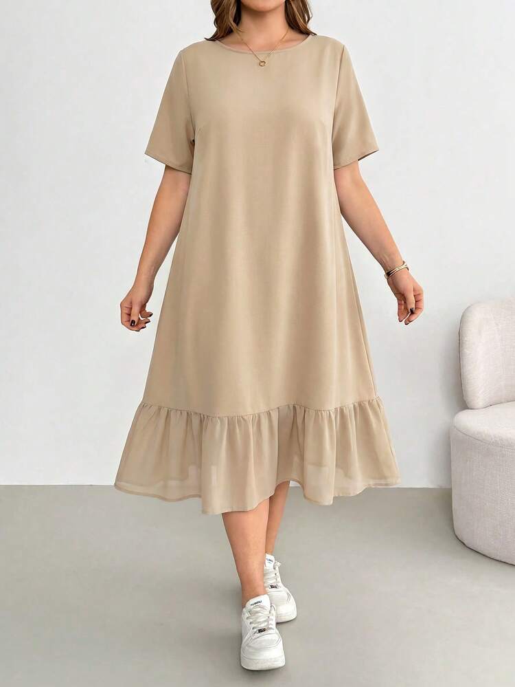Shapeblank Plus-Size Women's Spring/Summer Fashion Casual Loose Comfortable Everyday Basic Versatile Slimming Black Short-Sleeved Chiffon Patchwork Mid-Length Dress,Summer Outfits,Pocket Dress,Simple Style - Apricot - View 5