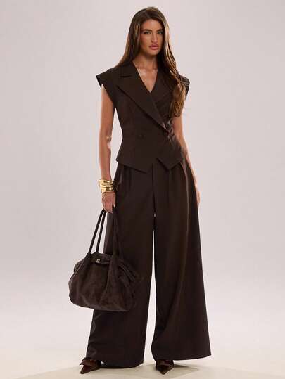 SHEIN BAE Quần tây nữ ống rộng xếp ly màu trơn dáng suông thanh lịch