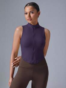 VARSIVA Camiseta deportiva sin mangas con cremallera delantera de unicolor para mujer - Morado - Ver 10