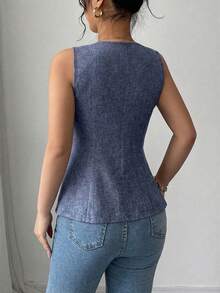 SHEIN Raffinéa 女款V領修身背心上衣，金色玫瑰鈕扣裝飾 - 紫色 - 查看 2