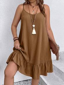 SHEIN LUNE CURVE Vestido casual de vacaciones con tirantes de camisola de unicolor talla grande - Marrón - Ver 3