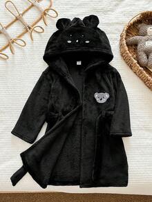 LMoss Kids 兒童小男孩針織素色刺繡連帽休閒秋冬開襟衫居家服 - 黑色 - 查看 2
