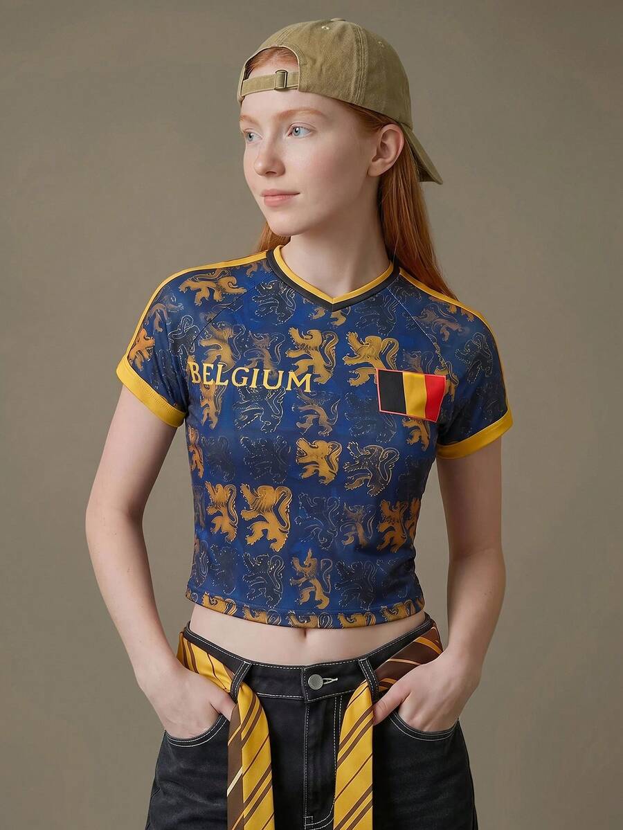 Elnivra 2026足球世界盃比利時足球球衣風女款短版水藍色圖案印花T恤 夏季街頭風 城市旅行度假穿搭 - 寶藍色 - 查看 1