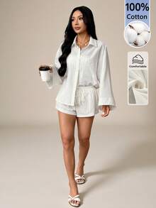 SHEIN PETITE 女款夏季新款休閒度假白色編織襯衫短褲套裝，舒適兩件套，適合嬌小女性 - 白色 - 查看 4
