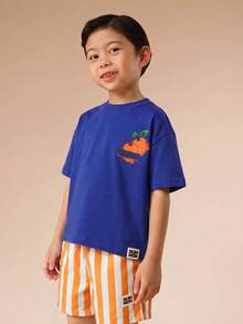 SUMWON Conjunto de verano a juego para niños con camiseta de cuello redondo de manga corta con estampado de frutas cítricas y pantalones cortos a rayas de talla grande - Multicolor - Ver 3
