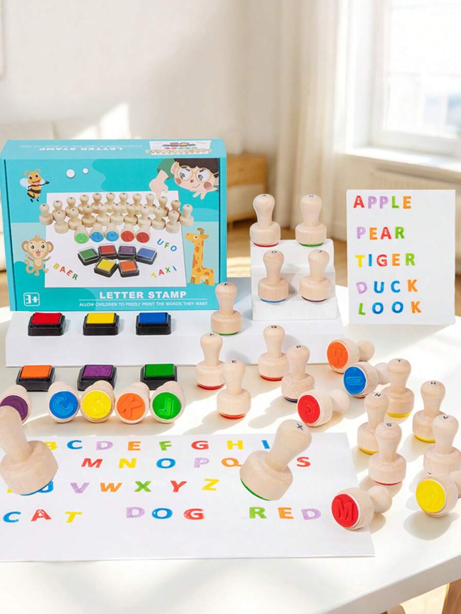 MINKOJA Wooden Alphabet Stamp, 26 PCS ABC Spelling Letter Stampers ,Early Educational Toy Gifts For 3 4 5 Year Old