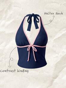 Elavelle Top de bikini de tirantes finos con lazo y estampado aleatorio para mujer, primavera/verano - Multicolor - Ver 4