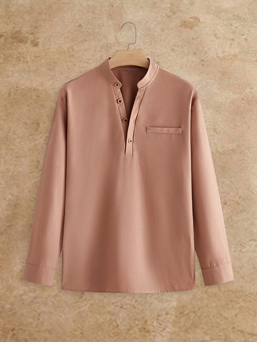 HIMLAND Men's Solid Color Long Sleeve Button Half-Placket Casual Shirt - Apricot - View 1
