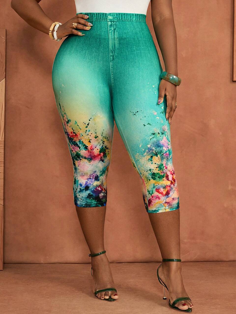 Plus Size Watercolor Floral Print Elastic Waist Capris Summer Casual Beach Vacation Office Holiday Going Out Outfits Women Pink Floral