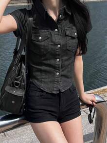 DAZY 女款短袖單排扣休閒口袋牛仔襯衫 夏季 - 黑色 - 查看 1