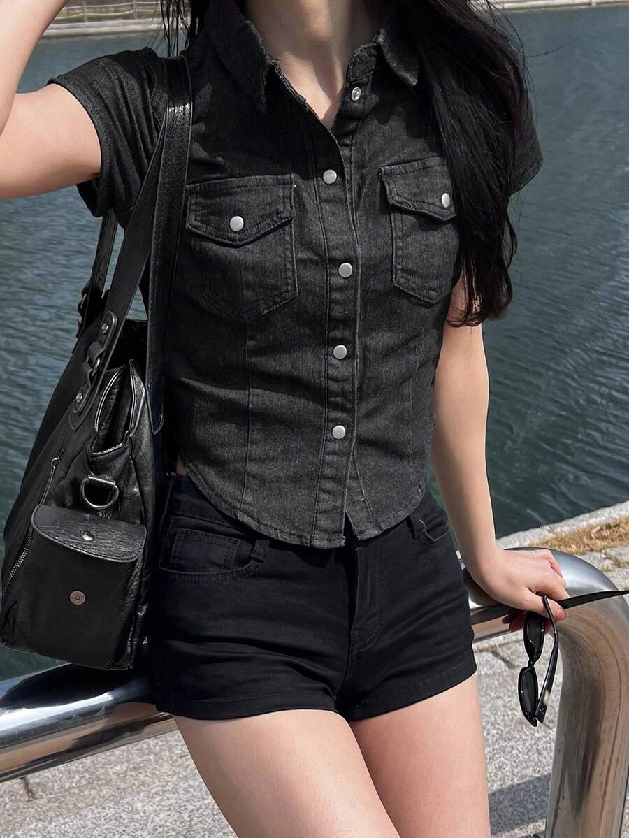 DAZY 女款短袖單排扣休閒口袋牛仔襯衫 夏季 - 黑色 - 查看 1