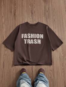 SWAVVY Men's Knitted Fashion Casual Loose Short Sleeve T-Shirt With English Letter Print - Brown - View 1