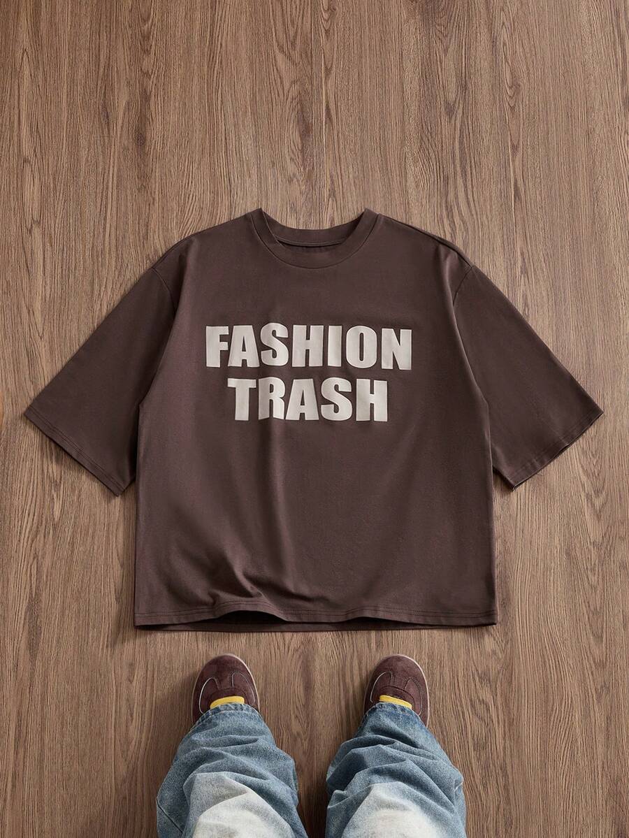 SWAVVY Men's Knitted Fashion Casual Loose Short Sleeve T-Shirt With English Letter Print - Brown - View 1