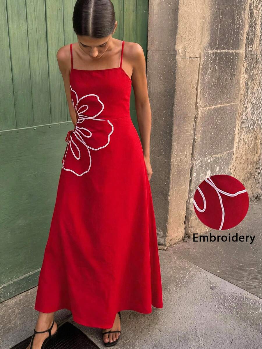 Travachic Vacation Petal Embroidery Cutout Ruched Cami Dress Vacation Red Floral Summer Elegant - Red - View 1