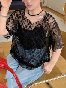 Dazy Plus Elegant Lace Contrast Patchwork Fitted Sheer Short Sleeve Black T-Shirt Spring/Summer Dates Evening Formal Birthday Vacation - Black - View 2