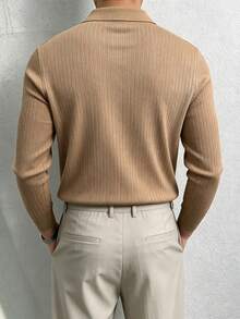 Manfinity Homme Men's Casual Solid Rib-Knit Long Sleeve Polo Shirt, Minimalist Versatile Daily Wear, Formal - Khaki - View 2