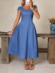 Elenzga Women's Summer Casual Square Neck Denim Dress - Blue - View 13