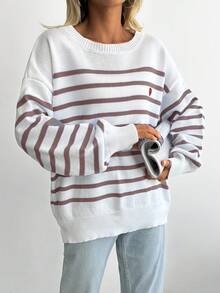 EURMUSE Striped & Heart Pattern Drop Shoulder Sweater - Brown - View 5
