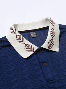 EGENSIO Men's Knitted Jacquard Solid Color Textured Navy Blue & Apricot Reversible Ribbed Collar 2-Button Polo Shirt - Royal Blue - View 7