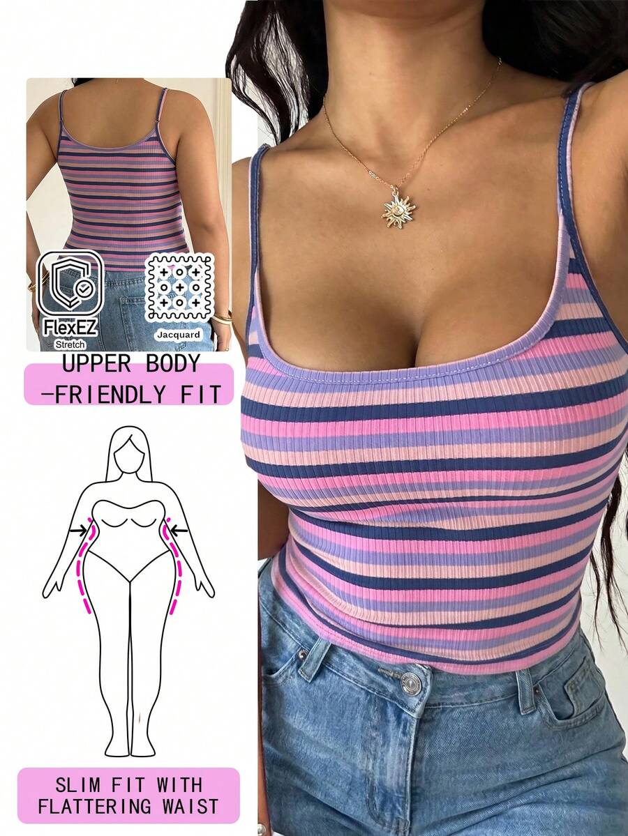 Solflare Plus Size Women's Striped Colorblock Fashion Vacation Cami Tank Top - Multicolor - View 1