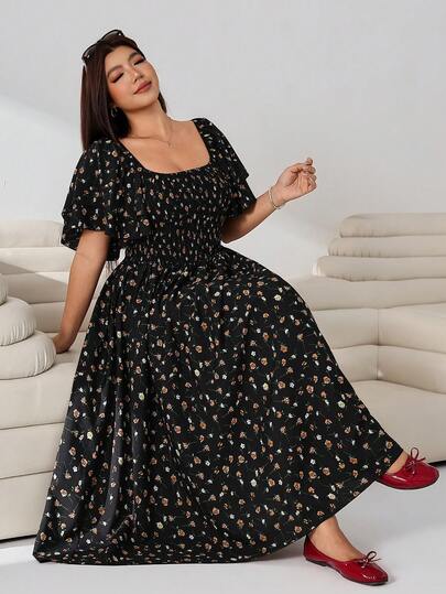 Solflare Plus Size Elegant Floral Print Ruched Dress, Pastoral Street Style