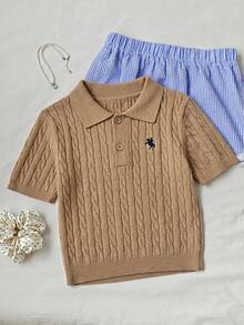Comfortcana Women's Equestrian Embroidered Short Sleeve Button Half-Placket Knit Top - Khaki - View 4
