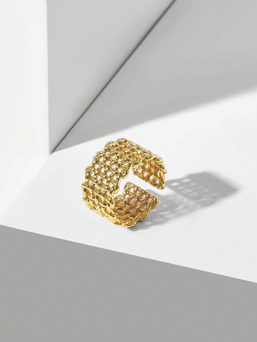 MOTF PREMIUM 18K GOLD PLATED RETRO METAL WOVEN OPEN RING ADJUSTABLE MESH TEXTURE RING COMMUTER TEMPERAMENT ACCESSORIES - Yellow Gold - View 2