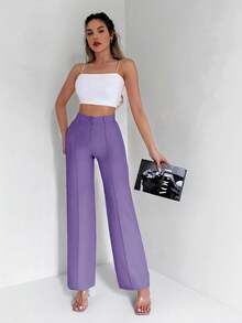 SHEIN Cottnline Pantalones De Vestir Con Pliegues Y Vuelo De Un Solo Color - Morado - Ver 2